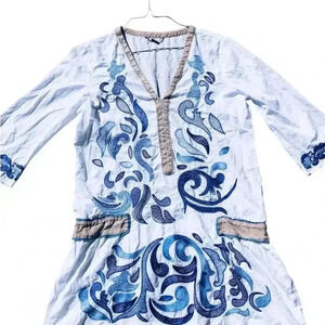 Custo barcelona boho Blue & white embroidered dress size small